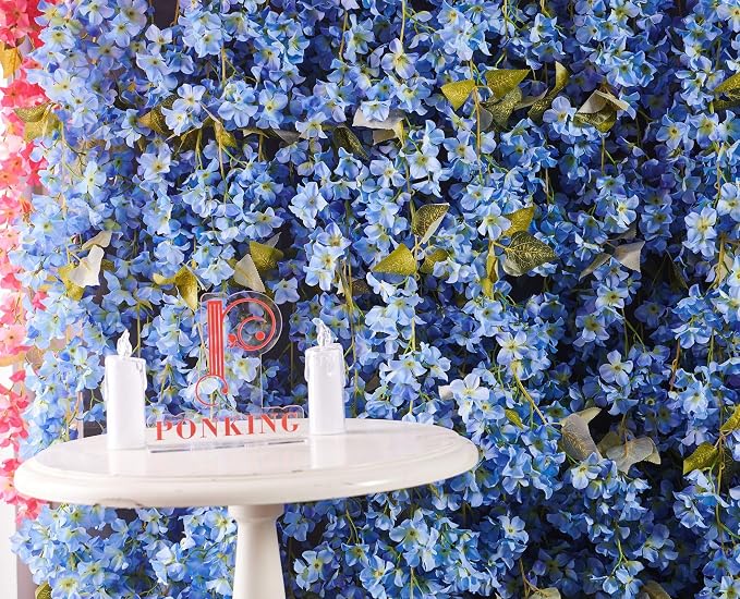 PONKING Flower Garland, Artificial Hydrangea Vine Flowers, Hanging Fake Hydrangeas Vine for Room Anniversary Wedding Birthday Christmas Wall Arch Decor, 2 Pcs, Floral Garland, Blue Flower