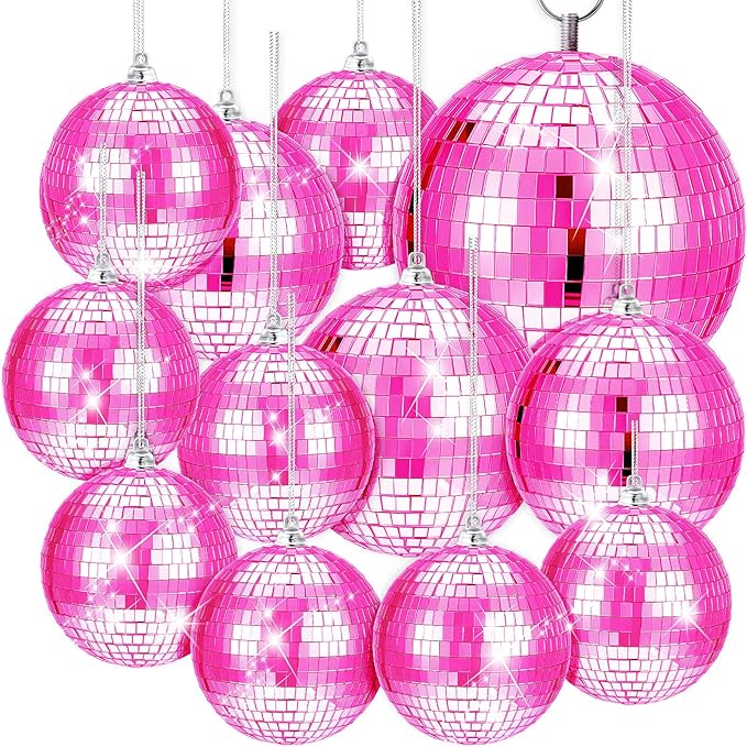 WILLBOND 12 Pack Disco Ball Party Decorations Hanging Mirror Balls Fun Retro Dj Lighting Effect Stage Props Game Accessories, 5.91", 3.94", 3.15", 2.36"(Pink)