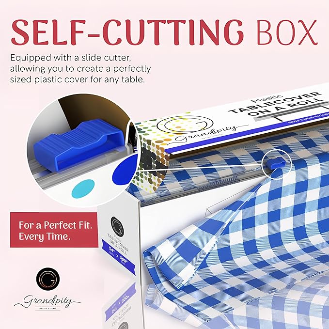 Grandipity Plastic Tablecloth Roll - 54in x 300 Ft. Blue Gingham Checkered Plastic Table Cloths for Parties | Disposable with Cutter Box - Cut to Size Disposable Tablecloth for Rectangle & Round