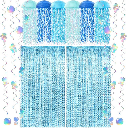 Soulchen 20 Pcs Blue Hanging Jellyfish Paper Lanterns with Tassel Curtains Swirl Bubble Streamers Under The Sea Ocean Themed Mermaid Party Decorations for Birthday Baby Shower Beach Ceiling