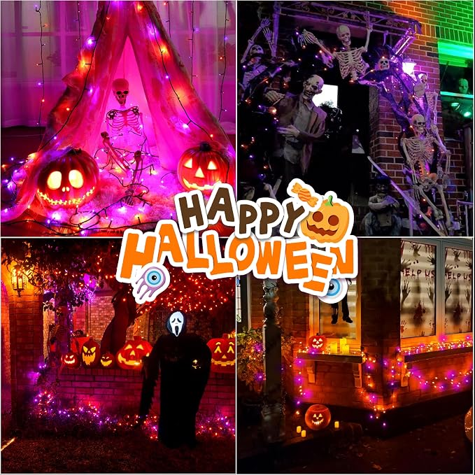 LAMPHOME 33ft Halloween Decorative Mini Lights, 100 LED Transparent Wire Fairy Starry String Lights Plug in, 16 Lighting Modes, for Halloween Decoration Outdoor Party Decoration (Orange and Purple)