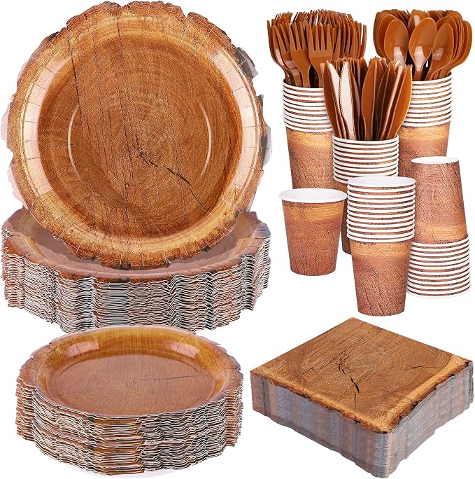 Kochorie 400 Pieces Wood Grain Slice Disposable Party Tableware Sets Rustic Wood Party Supplies Including Plates Cups Napkins Cutlery Serves 50 for Camping Birthday Forest Themed Party Decorations