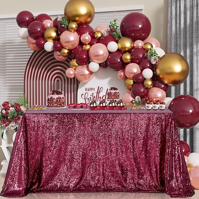 B-COOL Sequin Tablecloth Bling Party Wedding Tablecloths for Rectangular & Round Table Sparkle Sequence Table Skirts Cloths Home Kitchen Dinner Christmas New Year Parties Burgundy 90x132 Inch