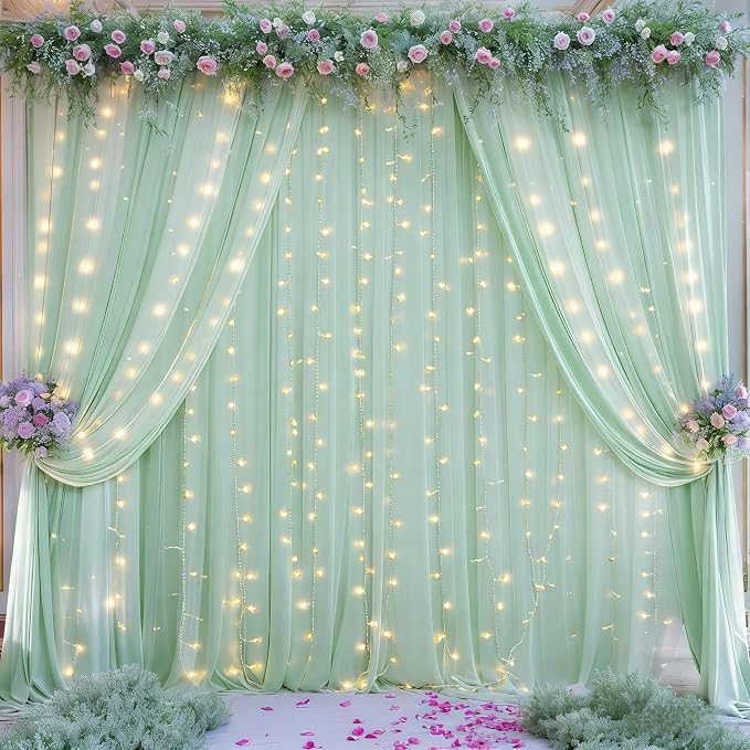 Wish Care 10ft x 10ft Sage Green Chiffon Backdrop Curtain with Lights String for Parites Wedding Wrinkle Free Curtain Photo Backdrops Drapes for Baby Shower Birthday Party Home Decorations