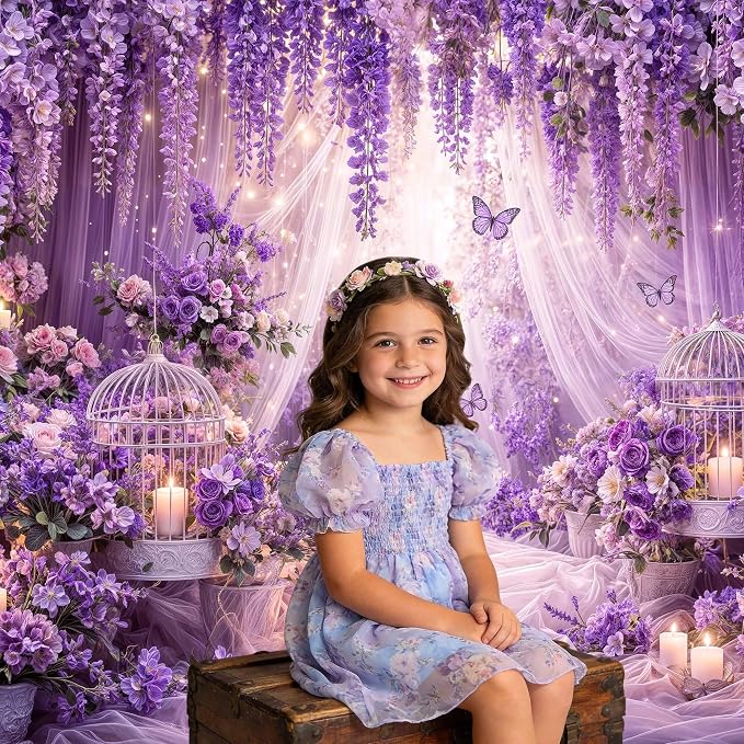 10x8ft Purple Butterfly Floral Backdrop for Photography Butterfly Flowers Girls Party Decorations Background Wedding Birthday Baby Shower Party Cake Table Decor Banner Photo Booth Props