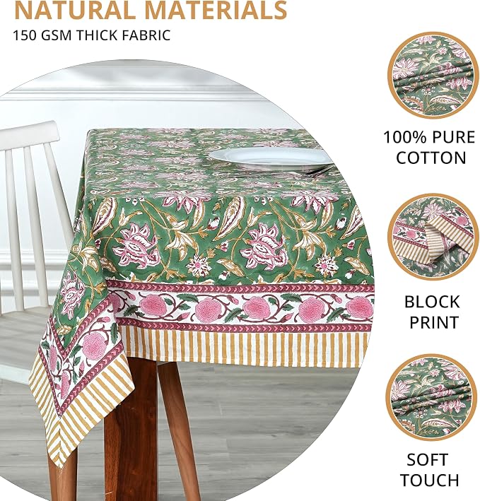 Ridhi Hunter Green Hand Block Print Cotton Rectangle Tablecloth 190" x 72" inches Reusable Table Cover Decorative Everyday Use for Dining Room, Farmhouse, Home Gift for Spring, Mother's Day