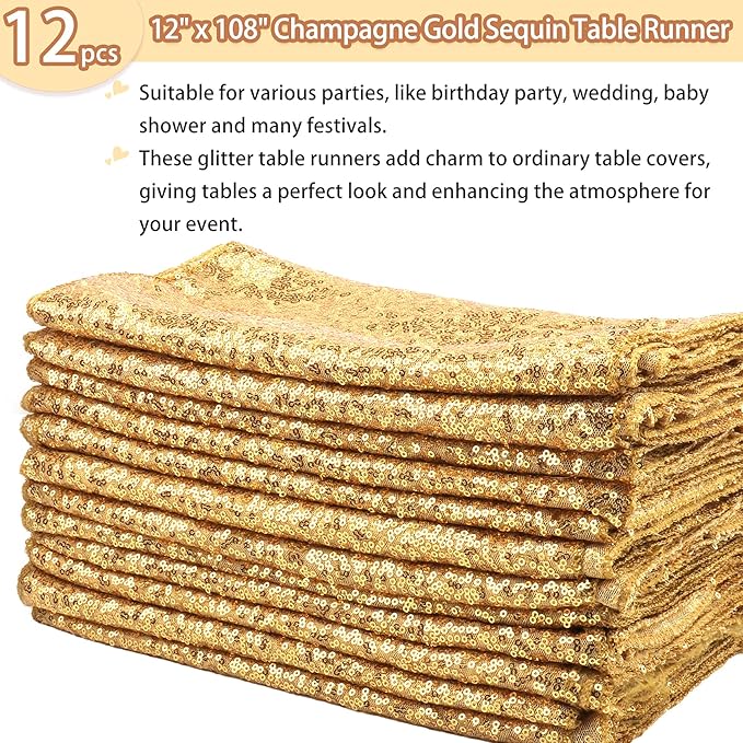 12 Packs Sequin Table Runner Champagne Gold 12 X 108 Inch Glitter Dining Table Runner for Birthday Wedding Engagement Bridal Baby Shower Bachelorette Holiday Celebration Party Supplies Decorations