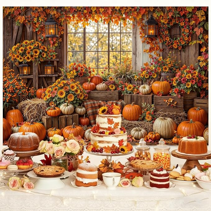 10 x 8 ft Fall Backdrop Autumn Rustic Wooden Floor Barn Window Pumpkin Maple Leaves Sunflower Background Thanksgiving Farm Harvest Photoshoot Portrait Photo Backdrops Decorations