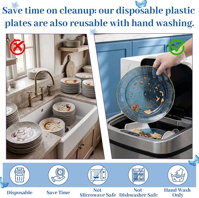 DaYammi 60Pcs Blue Plastic Plates with Gold Rimmed - Disposable Plates for Party Include:30 Dinner Plate 30 Dessert plate,Blue Plate with Radial Texture for Party & Wedding & Dinner