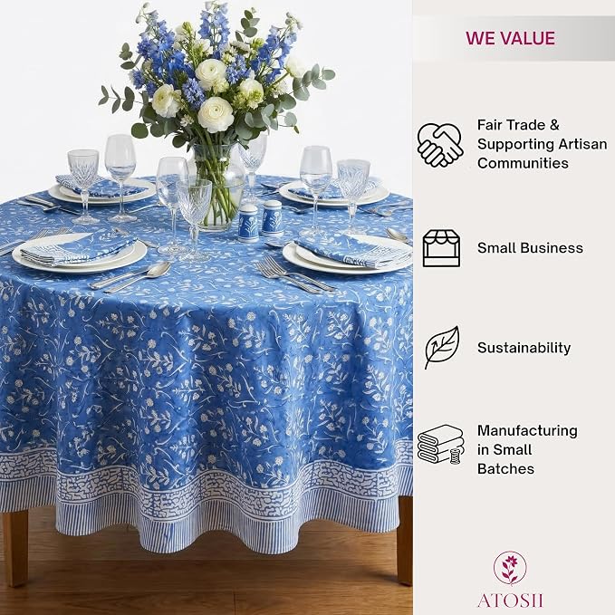 ATOSII Maya Blue 100% Cotton Round Boho Fall Tablecloth, Handblock Floral Table Cloth Linen for Kitchen Dining I Parties Weddings Outdoors Picnics Easter Mothers Day I 60" Inches Round I 4 Seater