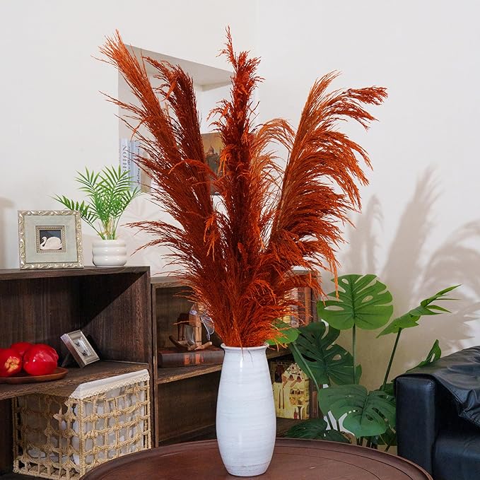 Burnt Orange Pampas Grass Decor Tall,Long Natural Pampas Grass for Floor Vase , Dried Pompas Floral, Elegant Feather Flowers,Wedding Living Room Decorations(Natural Orange, 6pcs 43.3"(110cm))