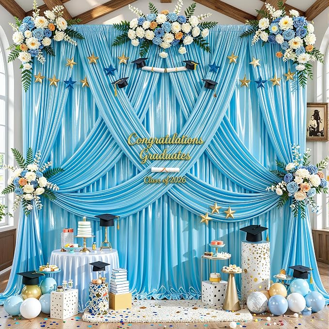 40x10ft Sky Blue Glitter Backdrop Curtain for Parties, Wrinkle Free Satin Photo Backdrop Drapes 8 Panels 5x10FT Shimmer Back Drop Cloth for Wedding Birthday Baby Shower Photography Background Decor