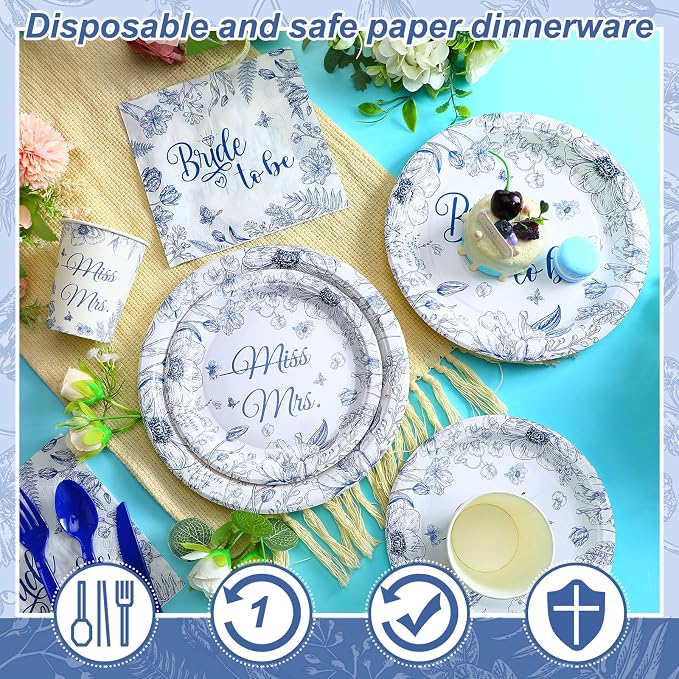 Zhehao 250 Pcs Bridal Shower Decorations Bride to Be Bridal Shower Plates Napkins Sets 50 Pcs 9'' Dinner Plates and 7'' Dessert Plate and 9oz Cups 100 Napkins Serves 50 Engagement Supplies