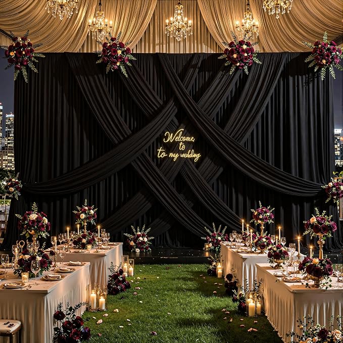 30ftx12ft Wrinkle Free Black Backdrop Curtain, 6 Panels 12FT Long Wedding Photo Backdrop Drapes, Silky Polyester Back Drop Cloth for Birthday Photography Background Party Backdrop Draping