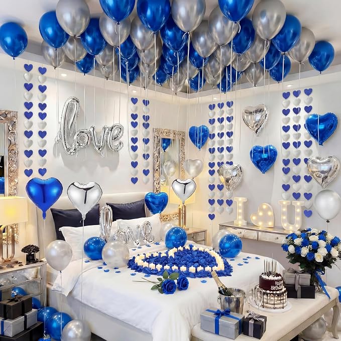 Realspring Blue and Silver Balloons Hotel Room Decor for Special Night Happy Romantic Anniversary Decorations Artificial Rose Petals with Heart Lights Kit for Proposal Engagement Birthday