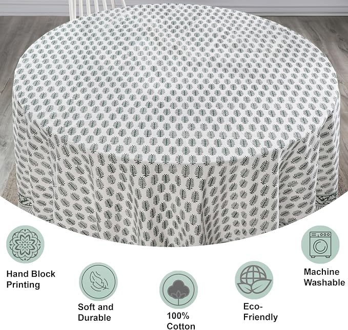 Ridhi Round Tablecloth Hand Block Print 100% Cotton Reusable Emerald Green 110 Inch Table Cover Decorative Everyday Use for Dining, Home, Party, Wedding, Farmhouse, Party Gift for Spring, Mother's Day