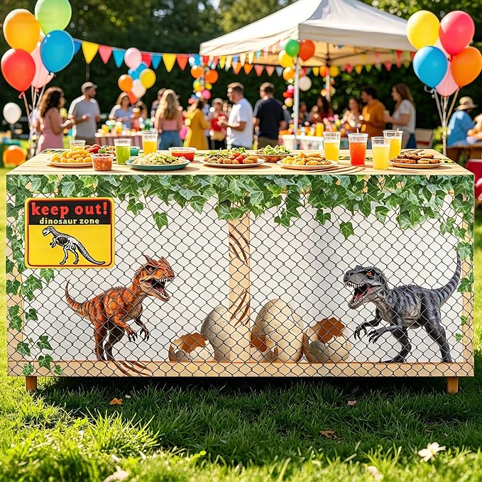 6FT Dinosaur Tablecloth,Dinosaur Birthday Decorations,Washable Fabric Polyester Rectangle Table Cover for Birthday,Picnic, Baby Shower, Dino Party Themed Party Supplies