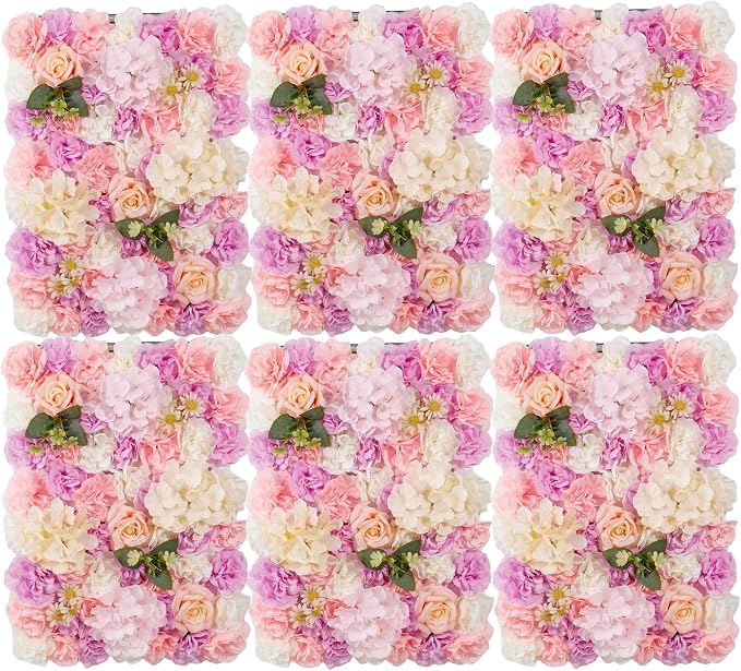 3D Flower Wall Backdrop 6 Pack, 24x16 Inch Pink & Purple Artificial Rose Panels for Wedding, Party, Photo Studio, Home & Fence Decor