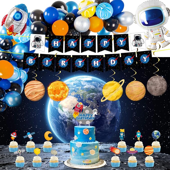 Outer Space Party Supplies, 87Pcs Party Decorations - Rocket Balloons, Solar System Swirl Decorations, Cupcake Toppers, Astronaut Birthday Banner, Backdrops