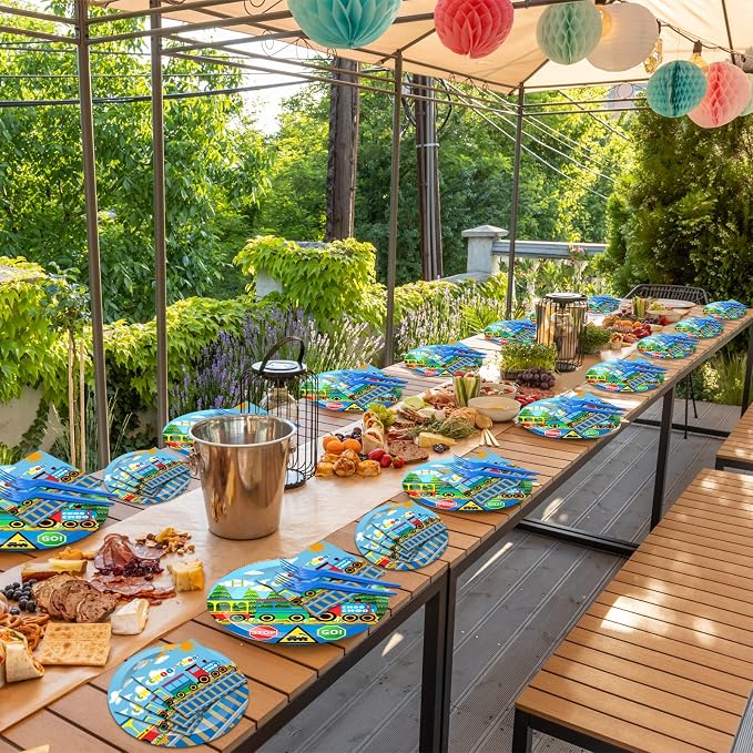 200Pcs Train Party Plates and Napkins Train Birthday Party Supplies Transportation Disposable Paper Decoration for Kids Birthday With Dinner Plates Dessert Plates Napkins Plastic Forks, Serves 50