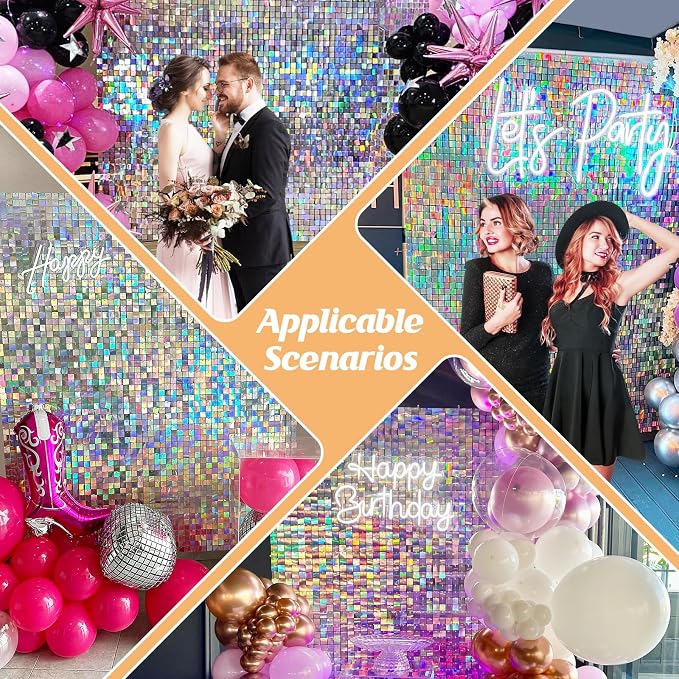 Iridescent Silver Shimmer Wall Backdrop,Shiny Sequins,12Pcs Sequins Backdrop Panels,Glitter Bling Photo Background for Birthday Party Wedding Engagement Anniversary Graduation (Each 1FT², Total 12FT²)