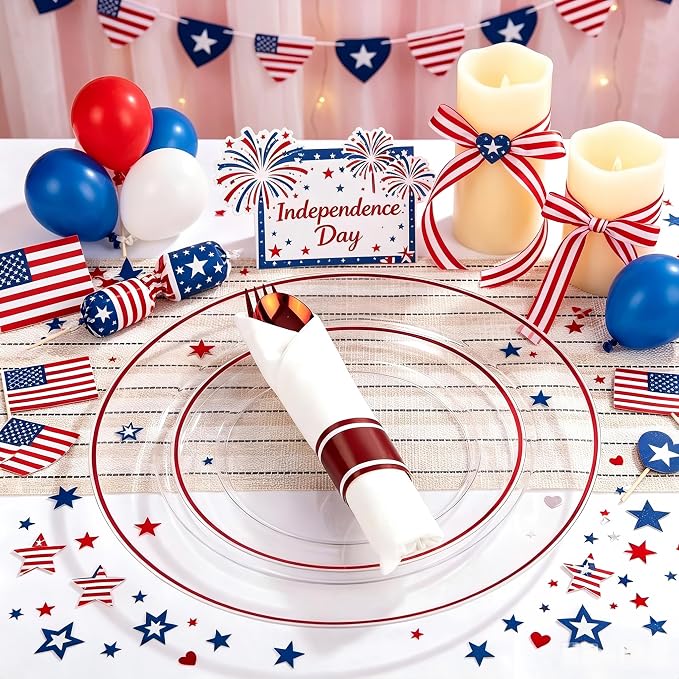 SUT 350 Pcs Red and Clear Plastic Dinnerware Set for 50 Guests, Include: 50 Dinner Plates, 50 Dessert Plates, 50 Pre Rolled Napkins With Silverware, 50 Cups, Disposable Plates for Party