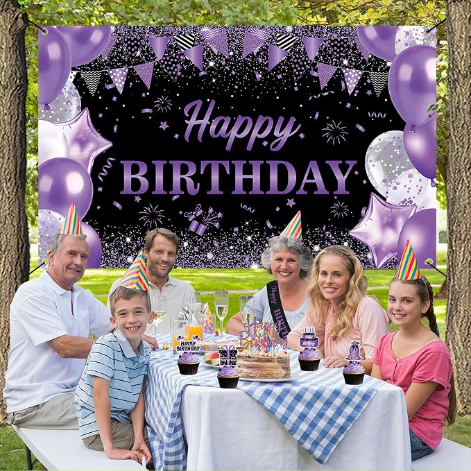 DARUNAXY Purple Birthday Party Decorations Set | Happy Birthday Banner & Sash, Balloons Pom Poms Cake Topper Hanging Swirl Decor, Birthday Gifts Party Supplies for Women Girl