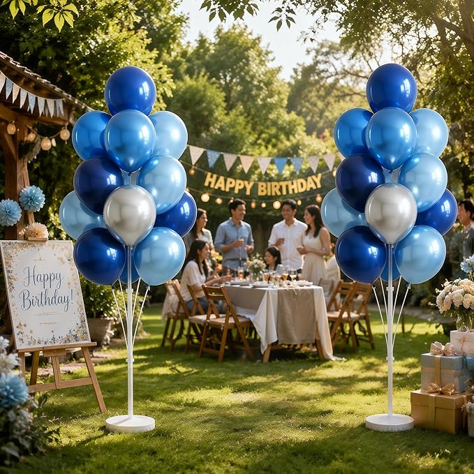 Balloon Column Stand Kit,2 Sets of Assorted Rainbow Balloon Tower Pillar with 10inch Bright Color baloon Reusable Design for Grirls Party,Birthday, Wedding,Baby Shower (Metallic Blue Sliver)
