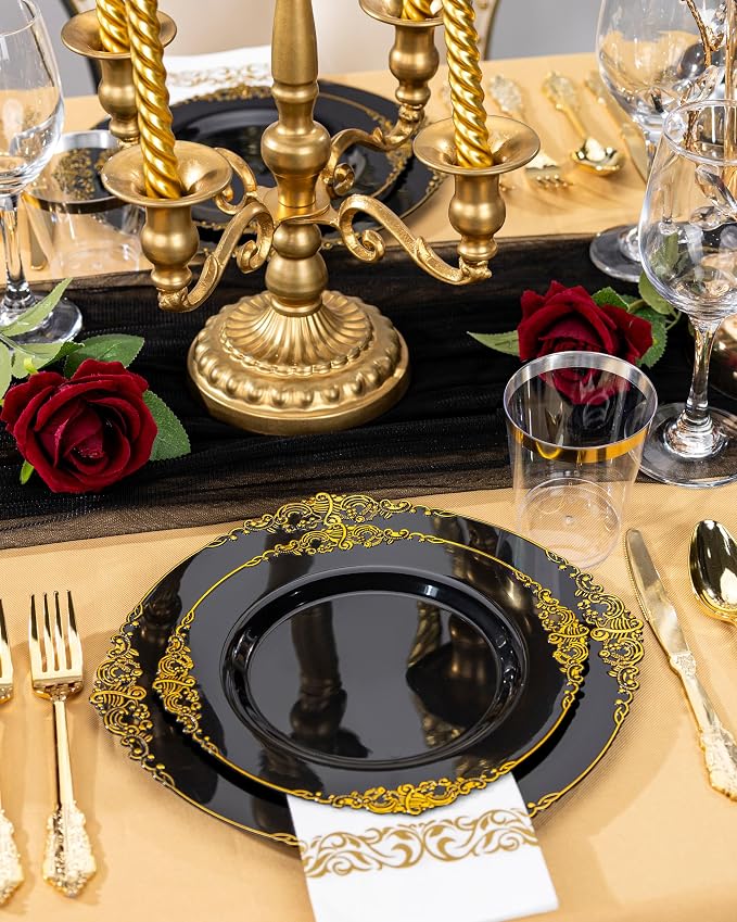 Nervure 350PCS Black Plastic Plates - Black Plastic Dinnerware Sets for 50 Guests - 100 Disposable Plates, 150 Gold Silverware, 50 Cups, 50 Napkins for Wedding & Party & Graduation & Retirement