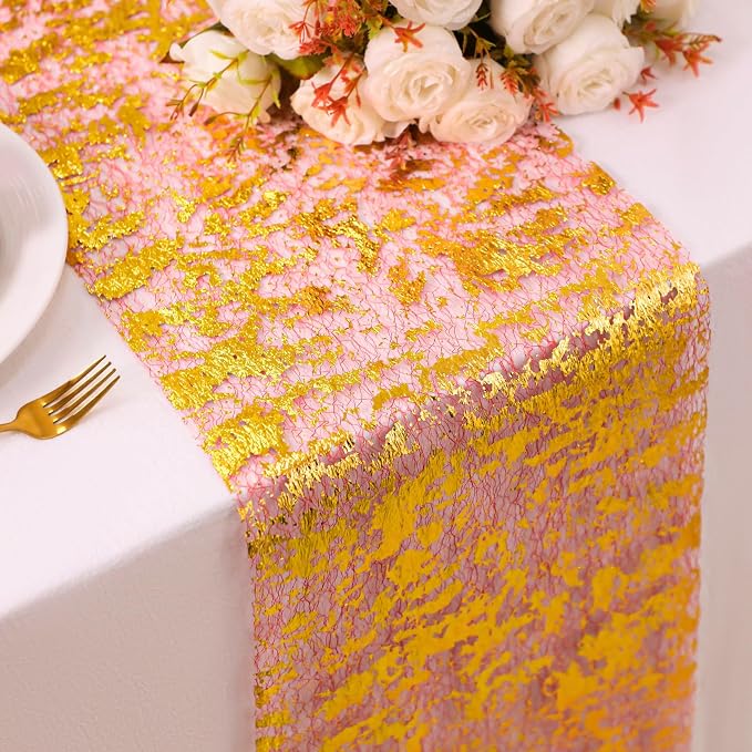 Snowkingdom 2Pcs Gold Table Runner, 11×108 Inch Red and Gold Sequin Glitter Foil Metallic Thin Mesh Table Runner, Sparkle Centerpiece for Wedding Party Birthday Holiday Kitchen Dinner Decoration