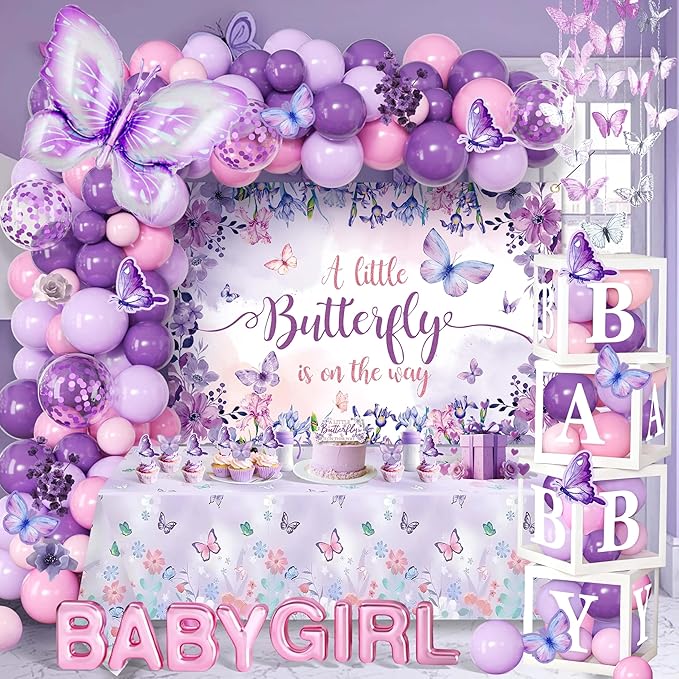 Purple Butterfly Baby Shower Decorations for Girl - Lavender Pink Party Supplies Include Balloon Garland Arch, Backdrop, Table Cover, 4 Boxes, Foil Balloons - A Little Butterfly is on the Way
