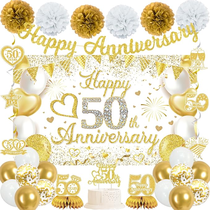 Vlipoeasn 50th Anniversary Decorations for Couple, White Gold Cheers to 50 Years Wedding Party Supplies, 50th Anniversary Backdrop Glitter Gold Banner, Cake Topper, Honeycomb, Hanging Swirl for Party
