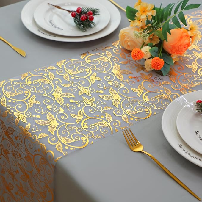 Snowkingdom 2 PCS Gold Table Runner 108 Inches Long, Gold Pinecone Flower Floral Table Decor for Winter Holiday Dining Kitchen Party New Year Home Decorations