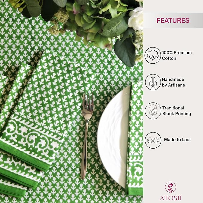 ATOSII Queen Green 100% Cotton Tablecloth, Handblock Print Rectangle Table Cover for Kitchen Dining I Tabletop Linen I Parties, Thanksgiving, Christmas, Wedding, Fall Table Cloth 60 X 90 Inches