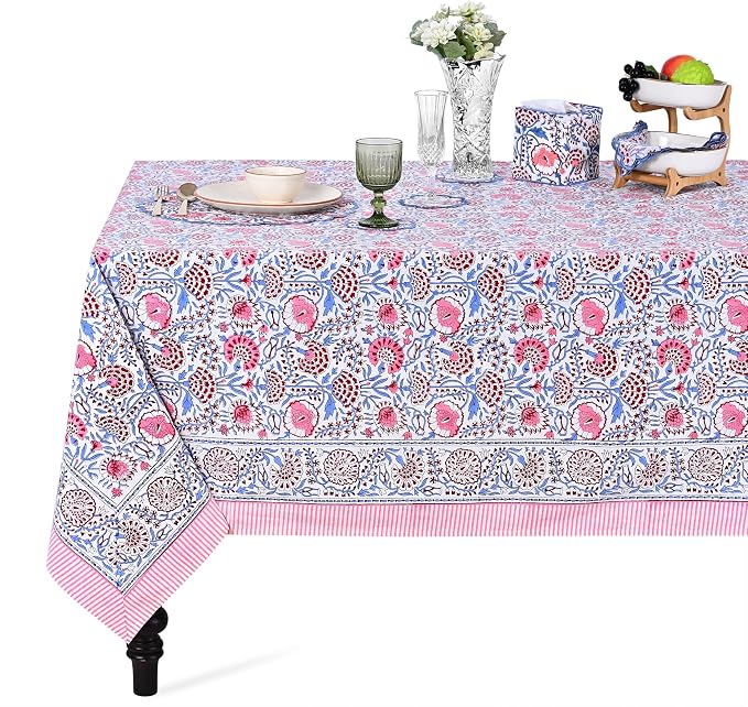Ridhi Pigeon Blue and Flamingo Pink Hand Block Print Cotton Rectangle Tablecloth 60" x 60" inches Reusable Table Cover Decorative Everyday Use for Dining Room, Farmhouse, Gift Spring, Mother's Day