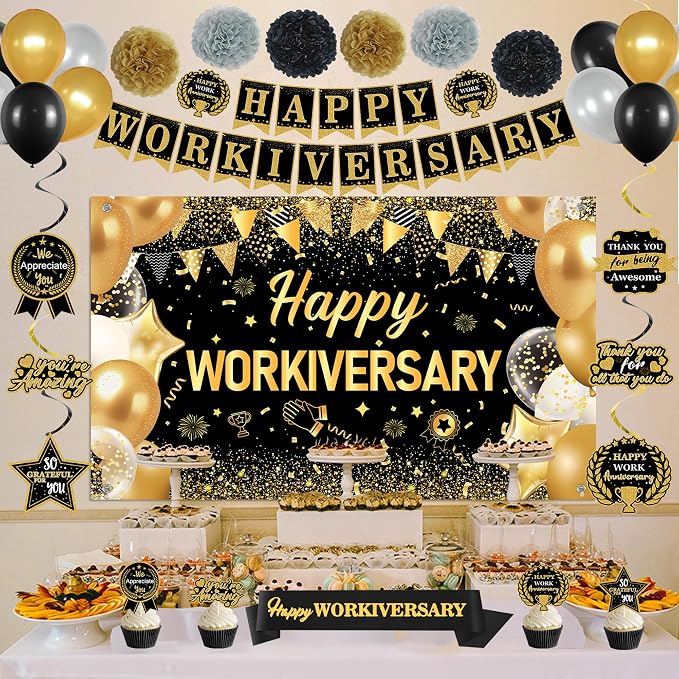 DARUNAXY Happy Workiversary Party Decorations for Men Women, Black Gold Happy Work Anniversary Banner Cake Topper Hanging Swirl Confetti Balloons Decor Set for Employee Office Party Supplies(31PC)