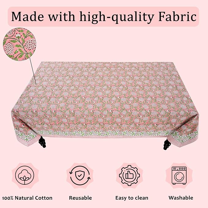 Ridhi Strawberry Pink Hand Block Print Cotton Rectangle Tablecloth 108" x 60" inches Reusable Table Cover Decorative Everyday Use for Dining Room, Farmhouse, Home Gift for Spring, Mother's Day