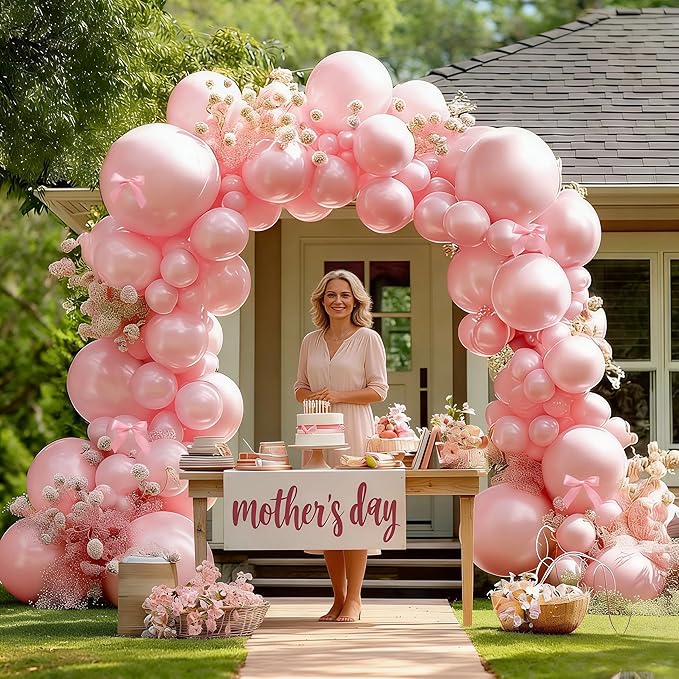 Pearl Pink Balloons Different Sizes Double Stuffed Pastel Baby Pale Pink Pearl Balloon Arch Garland Kit 18/12/5in with Bow for Bridal Wedding Birthday Baby Shower Coquette Party Decorations