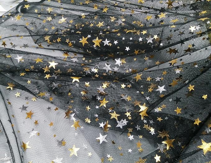 Glitter Star Bobbinet Tulle Netting Fabric By The Yard 62" Wide Black 1yard