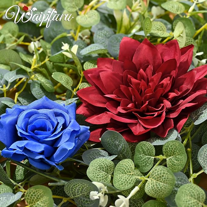 Waipfaru Flower Garland, 6.07Ft Eucalyptus Greenery Garland, Rose Floral Vines for Wedding Table Runner Centerpieces Backdrop Decor (Red Blue)