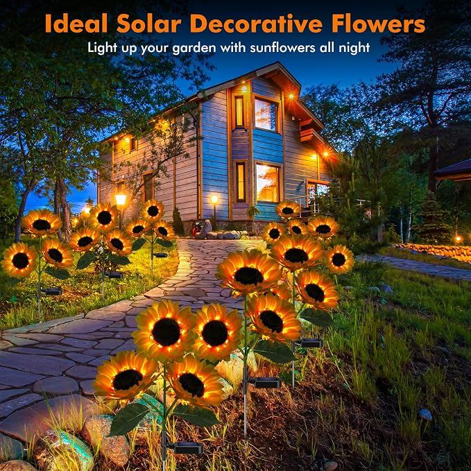Meagoo Solar Sunflower Lights, 800mA Solar Garden Light with Real Looking Flowers Outdoor Waterproof Solar Stake Lights for Back Yard, Flower Bed, Pathway, Patio, Porch, Fall Decoration (6 Pack)