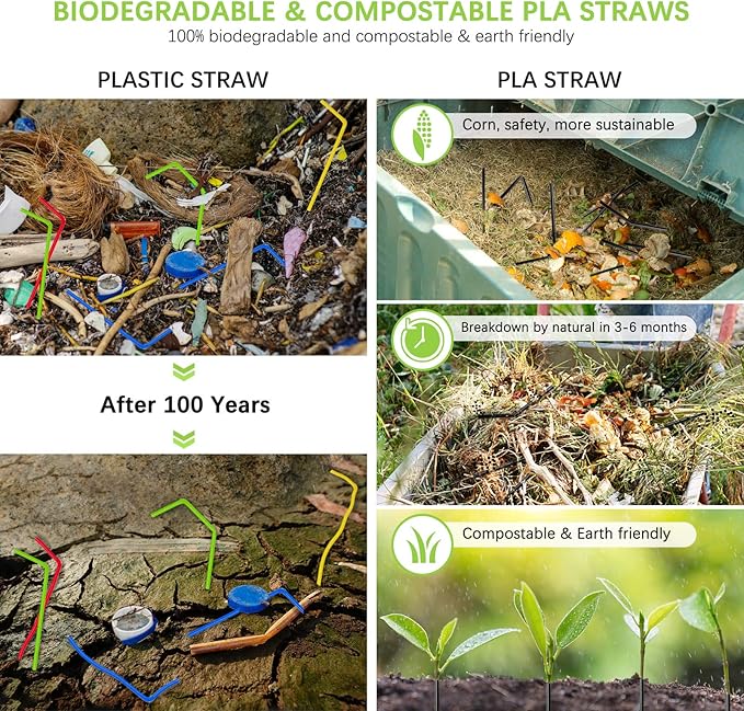 Plasticless 100 Pcs PLA Disposable Drinking Straws Corn Plant Based Biodegradable Straws, BPA Free Compostable Stir Sticks Black Reusable Straw Alternative to Plastic Straw for Party Drinks