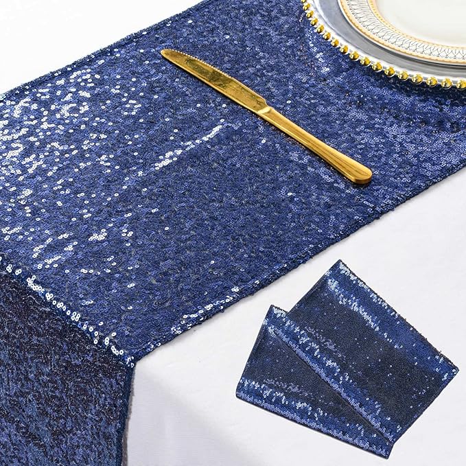ShinyBeauty 2 Pack Navy Blue Sequin Table Runners | 12in x 108in Elegant Dining Table Runner | Perfect for Round Tables | Fall & Christmas Theme | Durable & Sparkly Tablecloth Accessory