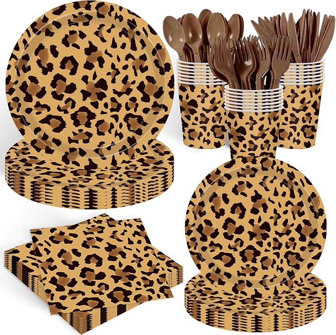140PCS Leopard Print Party Decorations,Jungle Animal theme Decorations Include Tableware, Plate, Cup, Napkin, Cutlery, Animal Cheetah Print Birthday Party Supplies Serve 20