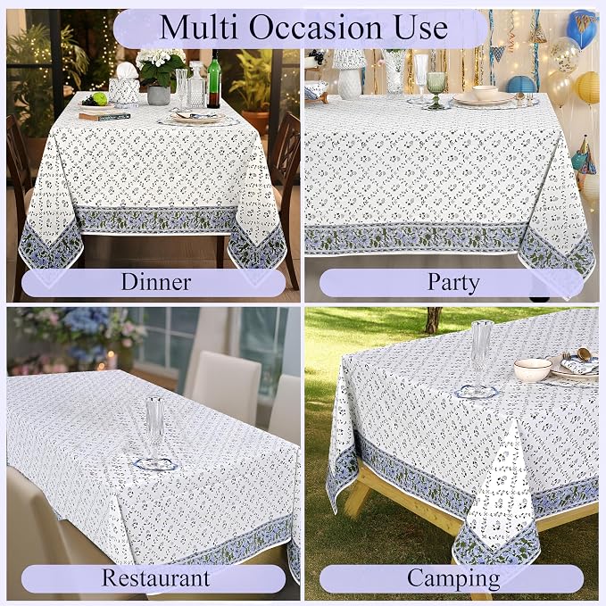 Ridhi Powder Blue Hand Block Print Cotton Rectangle Tablecloth 90" x 60" inches Reusable Table Cover Decorative Everyday Use for Dining Room, Farmhouse, Home Gift for Spring, Mother's Day