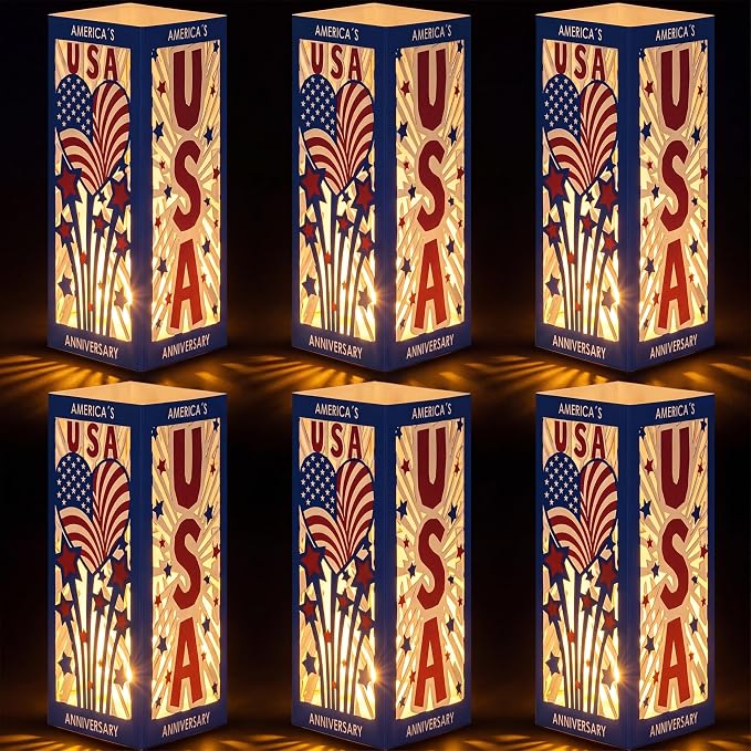 Gerrii 6 Pcs 250th Anniversary Table Centerpieces Boxes with USA Cutouts LED Light USA Patriotic Table Lantern Tabletop for 250th 4th of July Independence Memorial Day Party Supplies