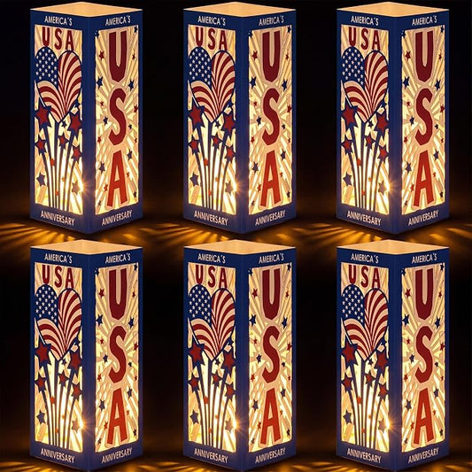 Gerrii 6 Pcs 250th Anniversary Table Centerpieces Boxes with USA Cutouts LED Light USA Patriotic Table Lantern Tabletop for 250th 4th of July Independence Memorial Day Party Supplies