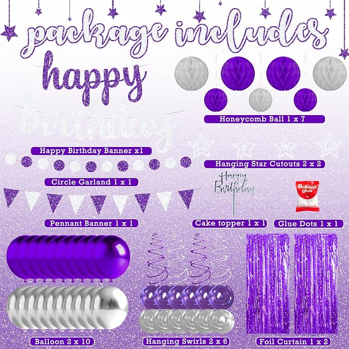 Purple and Silver Birthday Party Decorations Set - Happy Birthday Banner Balloons Foil Curtains Hanging Swirls for Women Girls Birthday Party Supplies