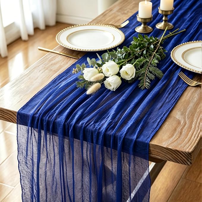 12 Pack Royal Blue Cheesecloth Table Runner 120 Inch 10FT Cheese Cloth Runners for Independence Day, Coastal Style, Baby Shower, Graduation Decoration