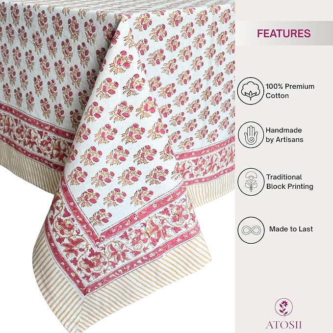 ATOSII Ivy Red 100% Cotton Rectangle Spring Summer Tablecloth, Handblock Floral Print Linen Table Cloth for Kitchen Dining I Parties, Weddings, Outdoors, Easter Decor 60 X 108 Inches, 8 Seater